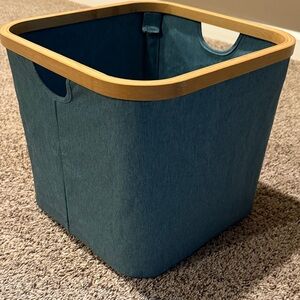 Teal Storage Bin with Bamboo Trim
